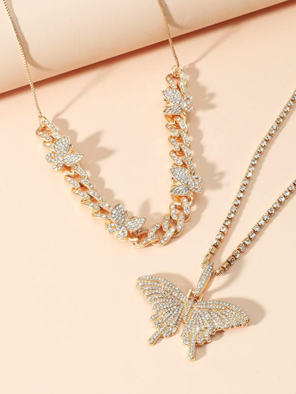 2pcs/Set Women's Rhinestone Butterfly Necklace Set