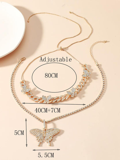 2pcs/Set Women's Rhinestone Butterfly Necklace Set
