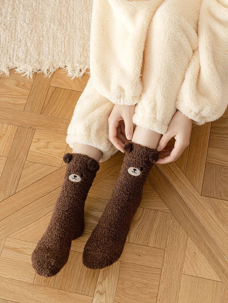 1pair Brown Bear Coral Fleece Socks