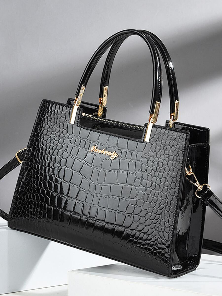 Pre Order Crocodile Embossed Handbag, Women's Elegant PU Zipper Shoulder Bag With Adjustable Strap