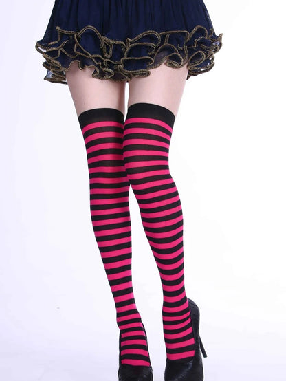 Black and Hot pink Striped Pattern Over The Knee Socks