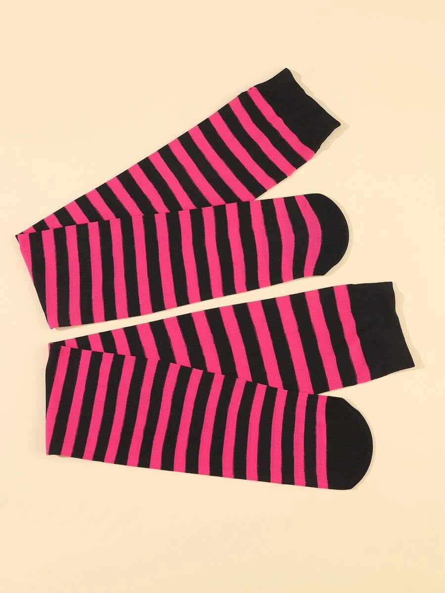 Black and Hot pink Striped Pattern Over The Knee Socks