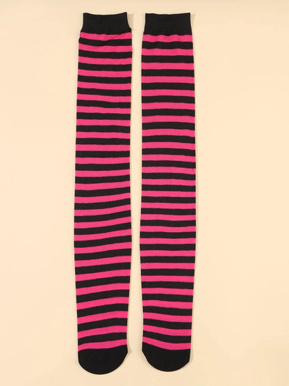 Black and Hot pink Striped Pattern Over The Knee Socks