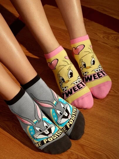 LOONEY TUNES 2pairs Cartoon & Letter Graphic Ankle Socks