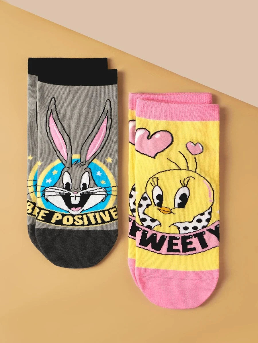 LOONEY TUNES 2pairs Cartoon & Letter Graphic Ankle Socks