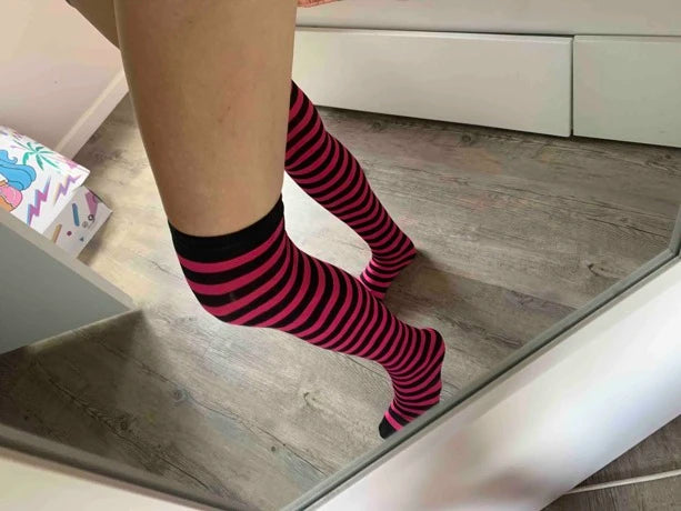 Black and Hot pink Striped Pattern Over The Knee Socks