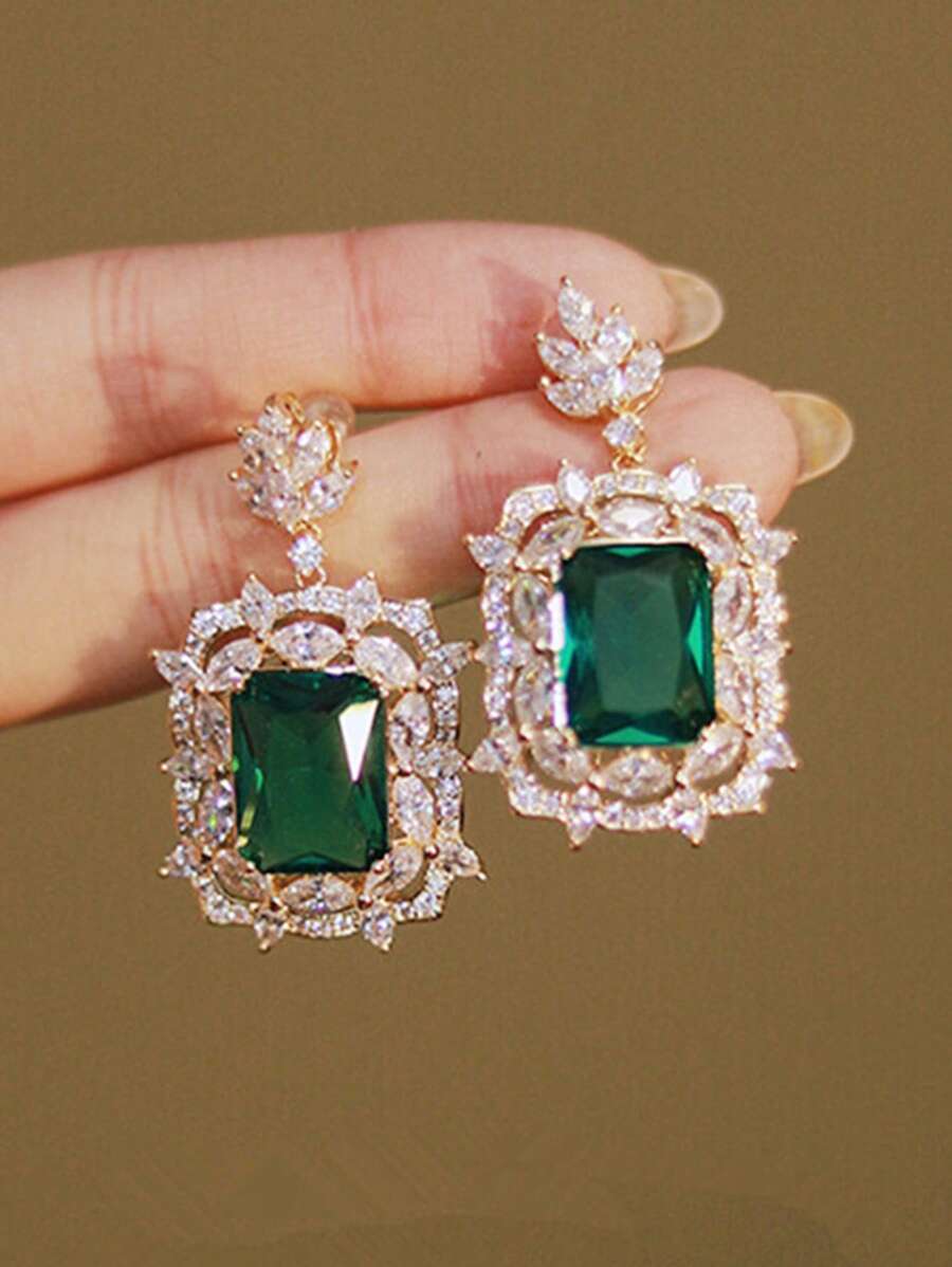 1pair Glamorous Green Cubic Zirconia; Rhinestone Decor Drop Earrings For Women For Wedding Party Jewelry Valentine's Day Gift,Mom,Mother,Mother's Day,Gift