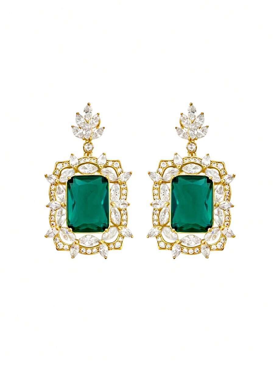 1pair Glamorous Green Cubic Zirconia; Rhinestone Decor Drop Earrings For Women For Wedding Party Jewelry Valentine's Day Gift,Mom,Mother,Mother's Day,Gift
