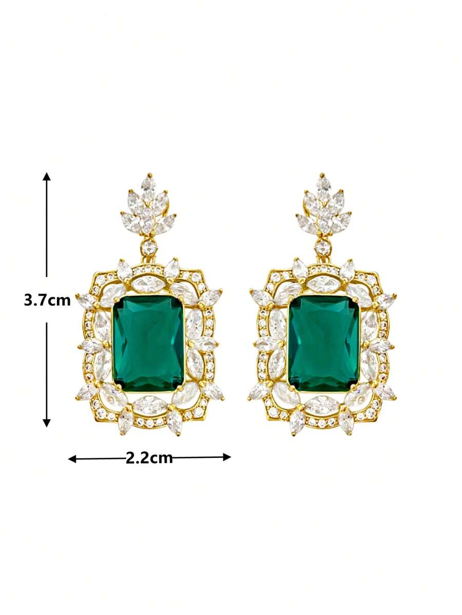 1pair Glamorous Green Cubic Zirconia; Rhinestone Decor Drop Earrings For Women For Wedding Party Jewelry Valentine's Day Gift,Mom,Mother,Mother's Day,Gift