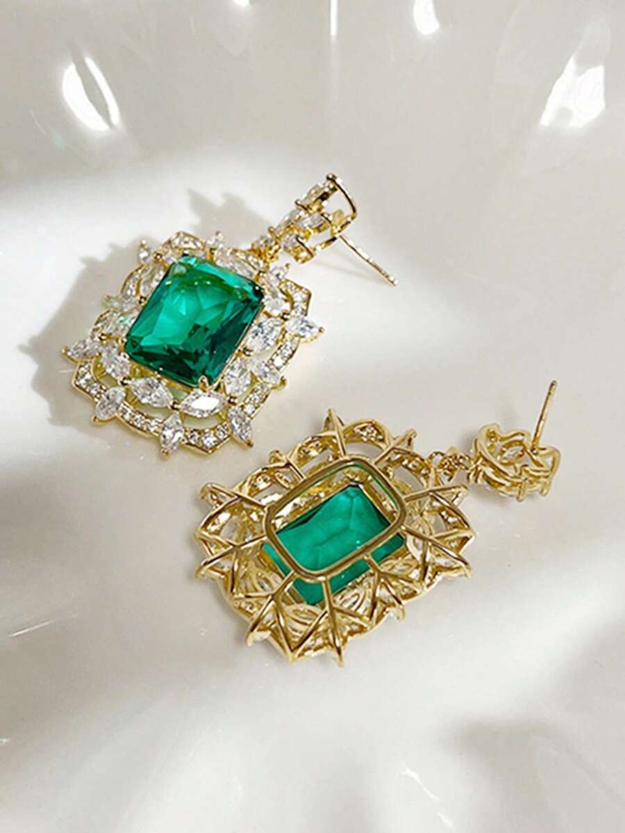 1pair Glamorous Green Cubic Zirconia; Rhinestone Decor Drop Earrings For Women For Wedding Party Jewelry Valentine's Day Gift,Mom,Mother,Mother's Day,Gift