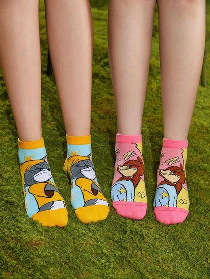 TOM & JERRY 2pairs Unisex/Couple Cartoon Cat & Mouse Pattern Cute Ankle Socks For Daily Life