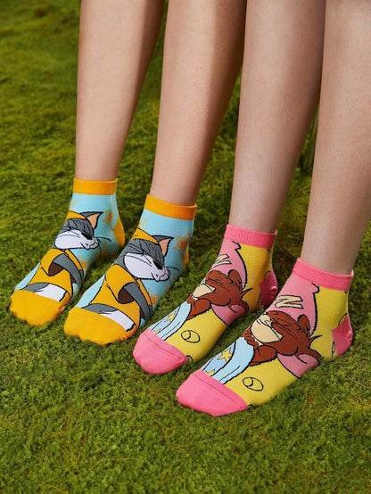 TOM & JERRY 2pairs Unisex/Couple Cartoon Cat & Mouse Pattern Cute Ankle Socks For Daily Life