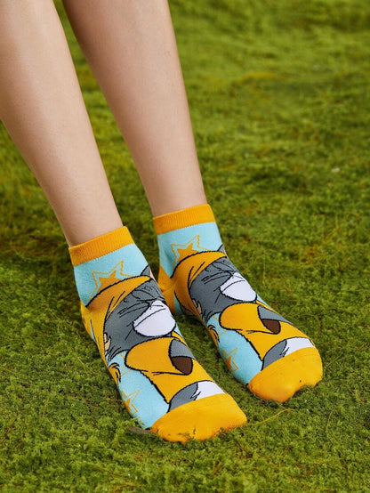 TOM & JERRY 2pairs Unisex/Couple Cartoon Cat & Mouse Pattern Cute Ankle Socks For Daily Life