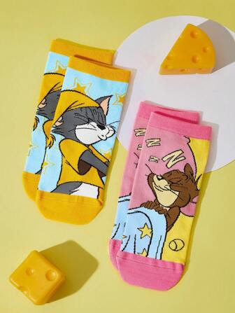 TOM & JERRY 2pairs Unisex/Couple Cartoon Cat & Mouse Pattern Cute Ankle Socks For Daily Life