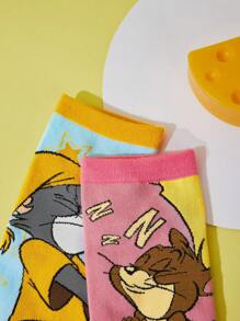 TOM & JERRY 2pairs Unisex/Couple Cartoon Cat & Mouse Pattern Cute Ankle Socks For Daily Life