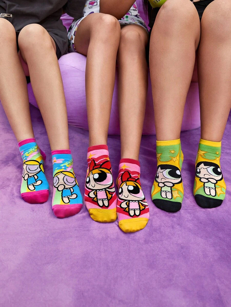 THE POWERPUFF GIRLS Women Flower & Cartoon Figure Graphic Fashionable Ankle Socks