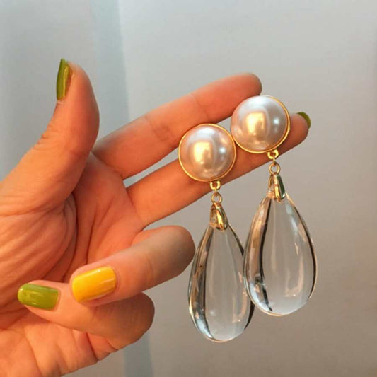 Clear Glass Waterdrop Design Pendant Earrings For Women.