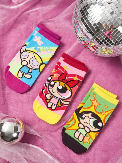 THE POWERPUFF GIRLS Women Flower & Cartoon Figure Graphic Fashionable Ankle Socks