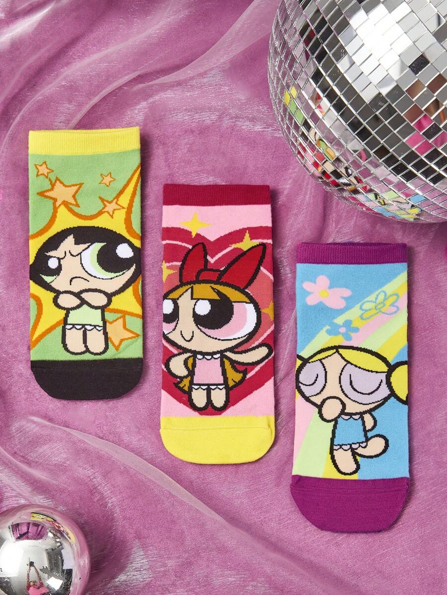 THE POWERPUFF GIRLS Women Flower & Cartoon Figure Graphic Fashionable Ankle Socks