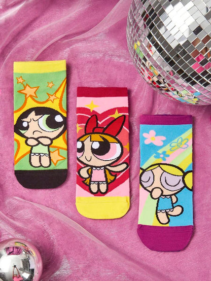 THE POWERPUFF GIRLS Women Flower & Cartoon Figure Graphic Fashionable Ankle Socks