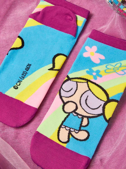 THE POWERPUFF GIRLS Women Flower & Cartoon Figure Graphic Fashionable Ankle Socks