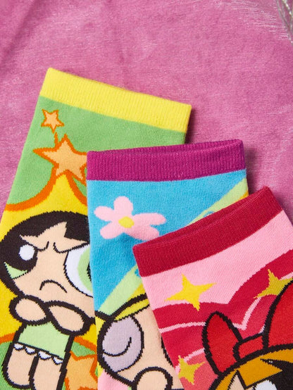 THE POWERPUFF GIRLS Women Flower & Cartoon Figure Graphic Fashionable Ankle Socks