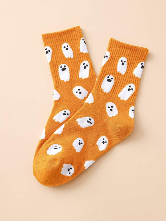 Funny orange ghost pattern mid calf socks