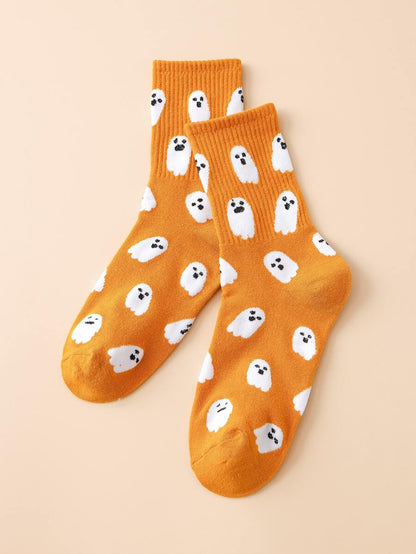 Funny orange ghost pattern mid calf socks