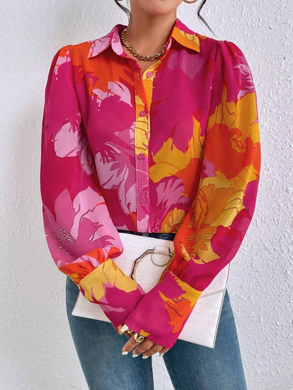 Print Button Front Shirt Fall Cloth For Women