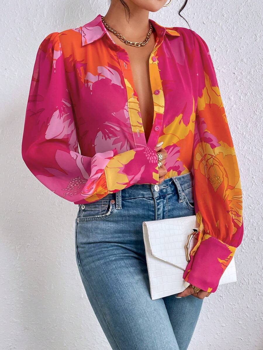 Print Button Front Shirt Fall Cloth For Women