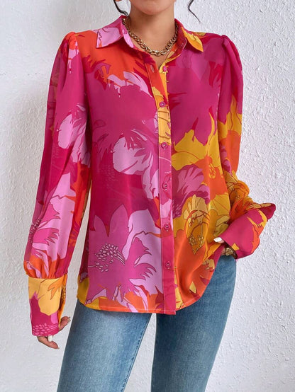 Print Button Front Shirt Fall Cloth For Women