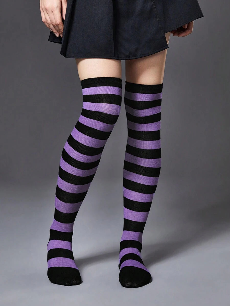 Purple & Black Wide Striped Knee High Socks