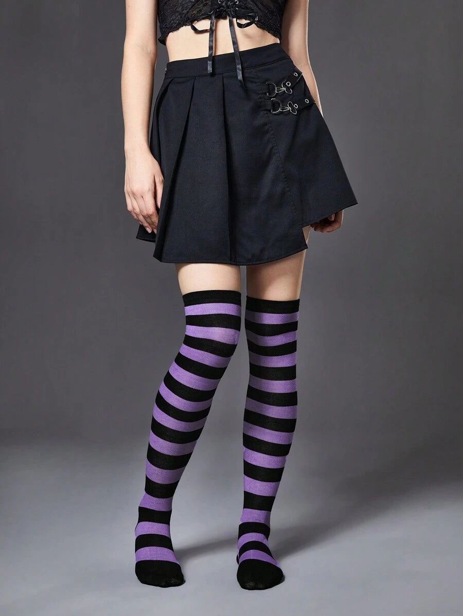 Purple & Black Wide Striped Knee High Socks