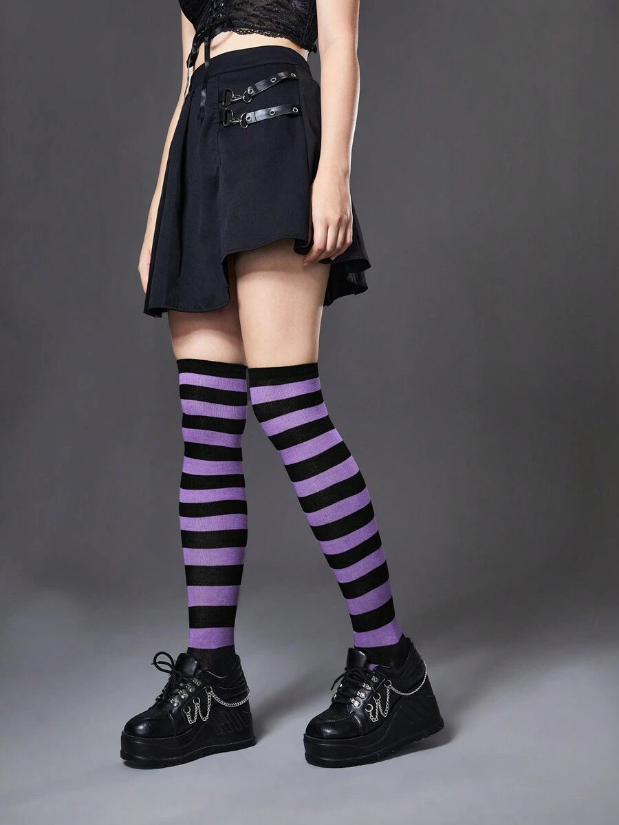 Purple & Black Wide Striped Knee High Socks