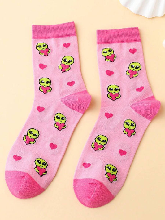 Alien pattern pink mid calf socks