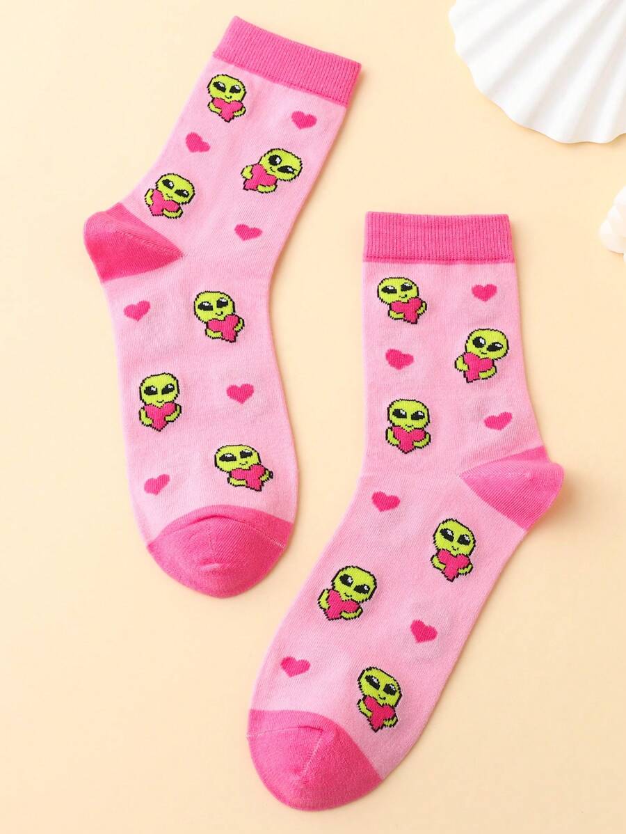 Alien pattern pink mid calf socks