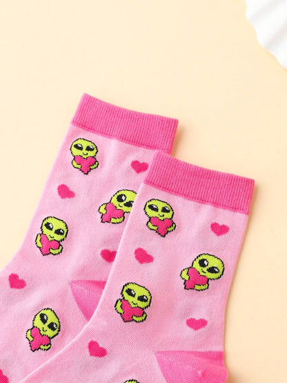 Alien pattern pink mid calf socks