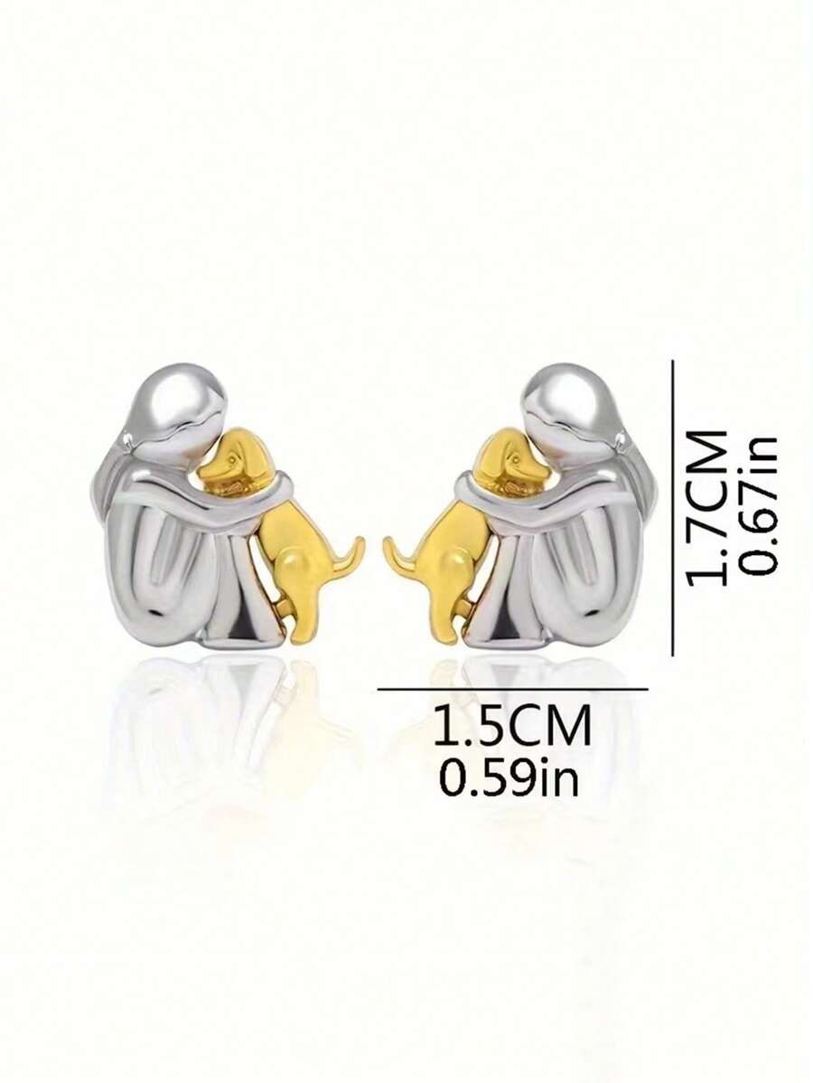 Gold Colored Dog And Silver Colored Girl Designed Elegant Cute Earring, Creative Style For Women