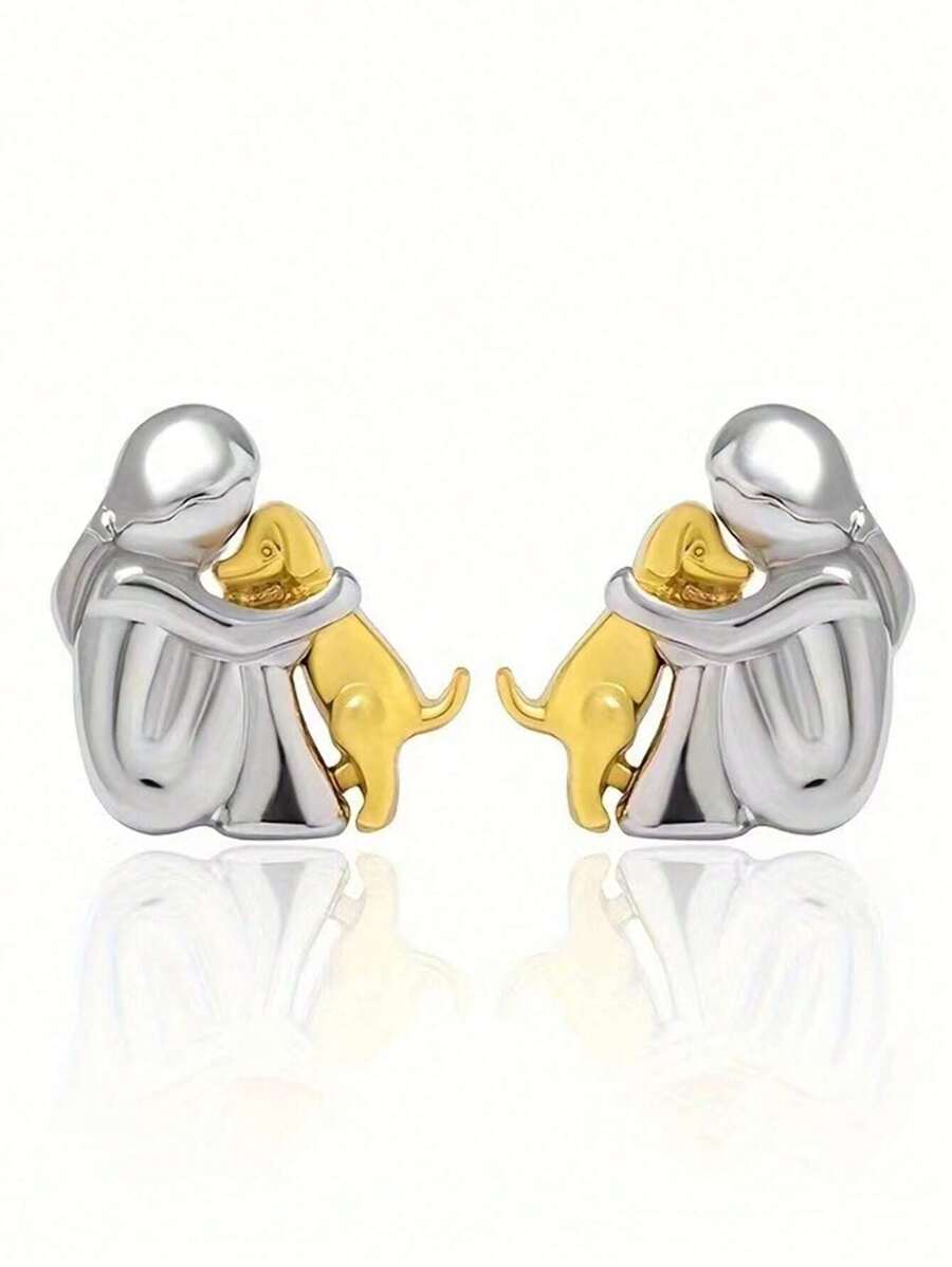Gold Colored Dog And Silver Colored Girl Designed Elegant Cute Earring, Creative Style For Women