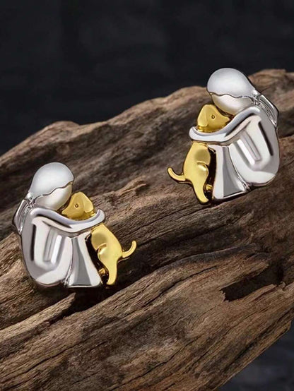Gold Colored Dog And Silver Colored Girl Designed Elegant Cute Earring, Creative Style For Women