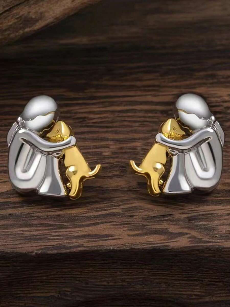 Gold Colored Dog And Silver Colored Girl Designed Elegant Cute Earring, Creative Style For Women