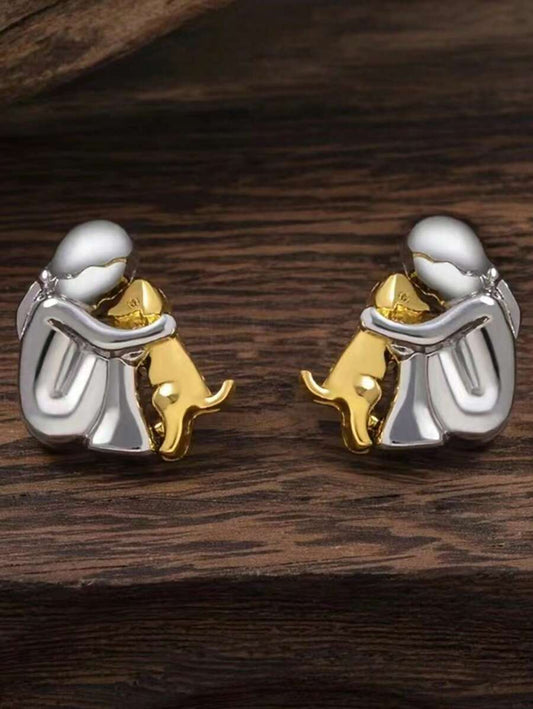 Gold Colored Dog And Silver Colored Girl Designed Elegant Cute Earring, Creative Style For Women