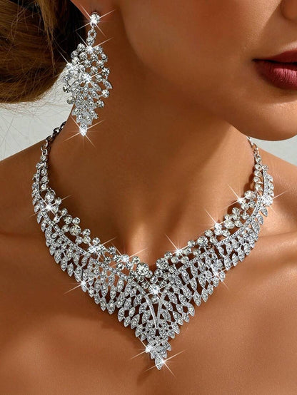 EID Special 3pcs Jewelry Set: Earrings, Necklace, Rhinestone &amp; Cubic Zirconia, High-End Wedding &amp; Party Dress