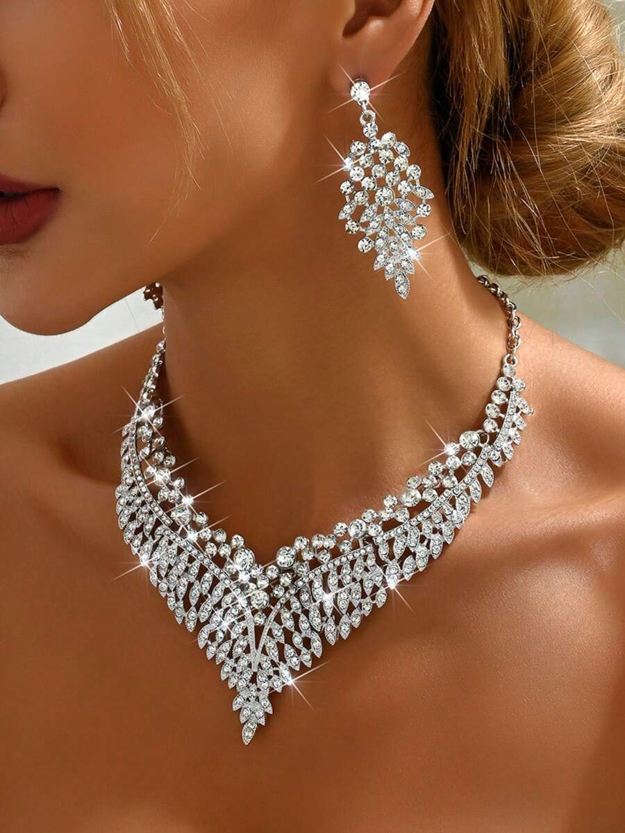 EID Special 3pcs Jewelry Set: Earrings, Necklace, Rhinestone &amp; Cubic Zirconia, High-End Wedding &amp; Party Dress