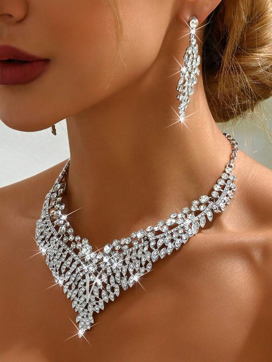 EID Special 3pcs Jewelry Set: Earrings, Necklace, Rhinestone &amp; Cubic Zirconia, High-End Wedding &amp; Party Dress
