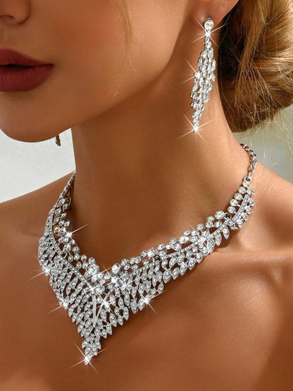EID Special 3pcs Jewelry Set: Earrings, Necklace, Rhinestone &amp; Cubic Zirconia, High-End Wedding &amp; Party Dress