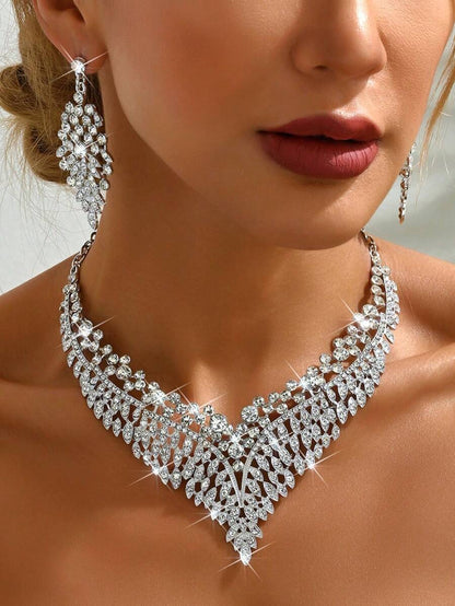 EID Special 3pcs Jewelry Set: Earrings, Necklace, Rhinestone &amp; Cubic Zirconia, High-End Wedding &amp; Party Dress