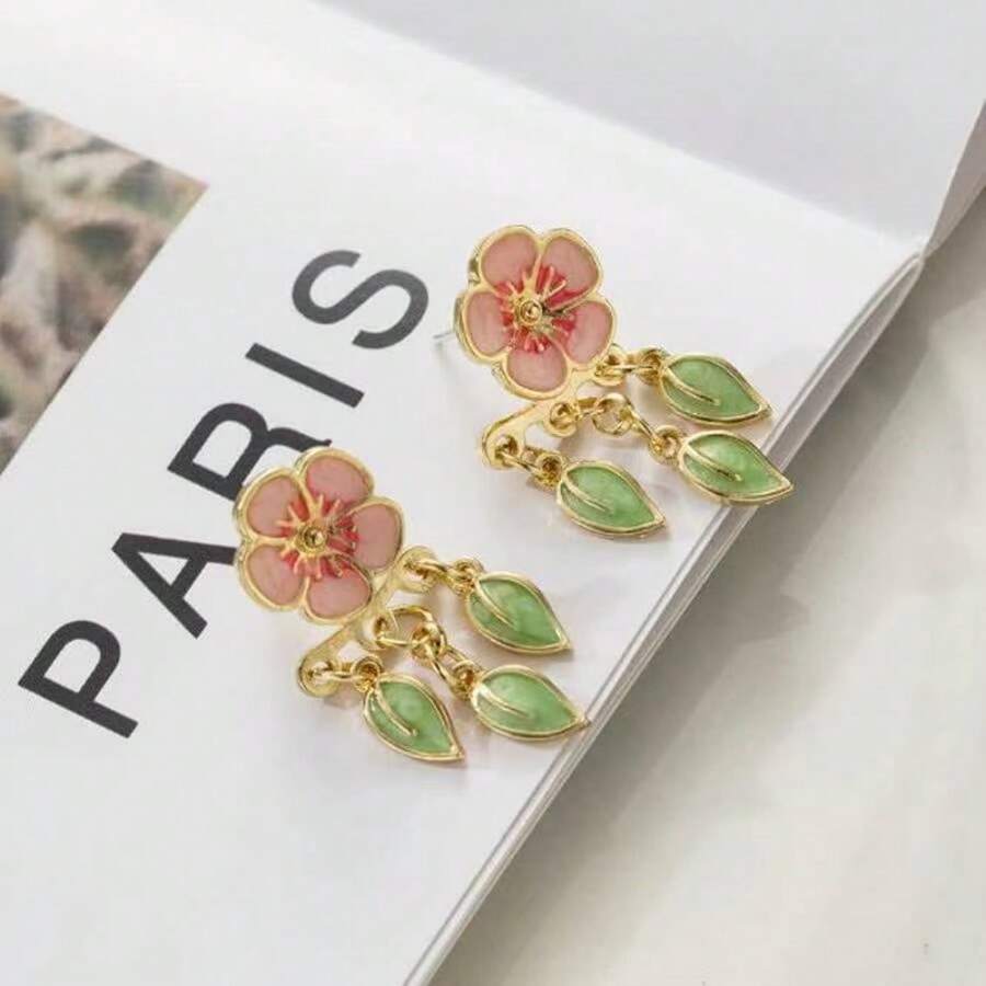 1pair Fashionable Enamel Colorful Flower & Leaf Earring Jacket For Women, Unique Design, Suitable For Gifting On Holidays, Birthdays And Everyday Wear