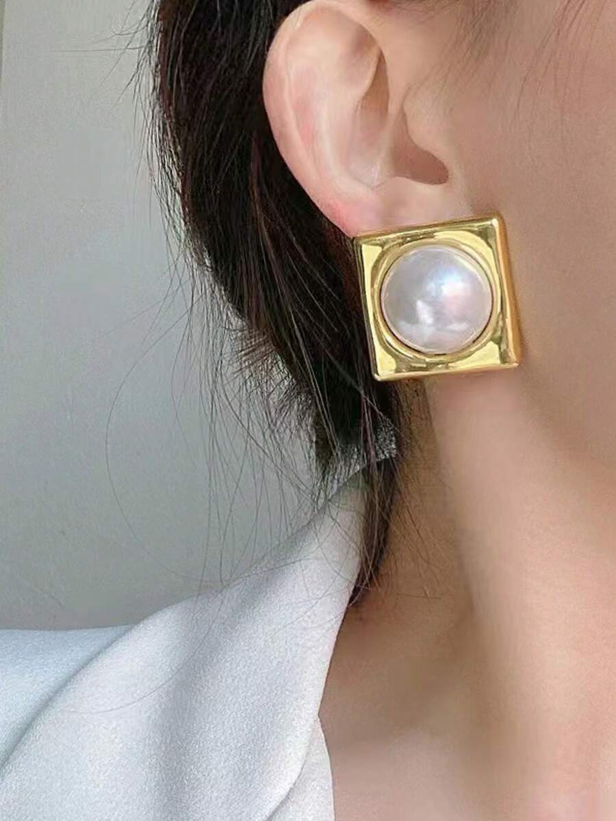 French Style Vintage Chic Rhombus Square & Round Faux Pearl Elegant Earrings For Women, Bride, Street Style