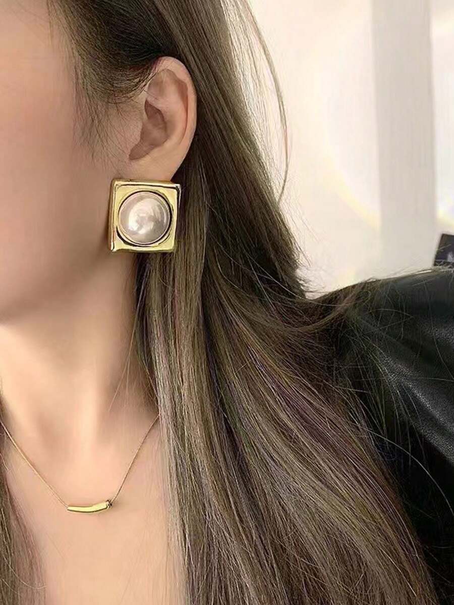 French Style Vintage Chic Rhombus Square & Round Faux Pearl Elegant Earrings For Women, Bride, Street Style